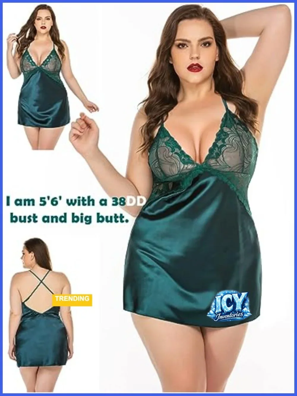 Satin Lace Chemise Babydoll Nightgown Lingerie V-Neck Sleepwear